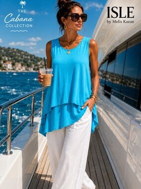 ISLE by Melis Kazan Paradise Blue Layered Tunic Tank Resort Travel ,EUC,Size M